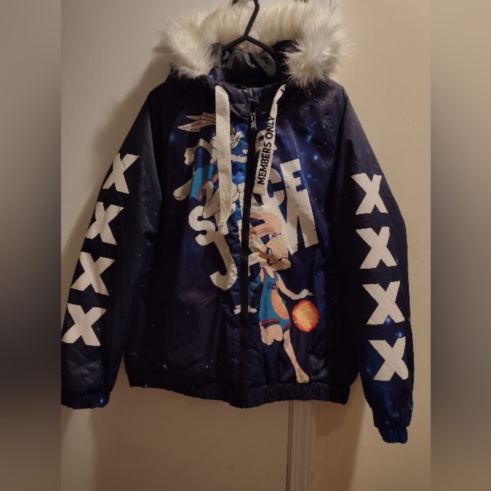 Members Only Looney Tunes Space Jam Blue Bomber Size L Faux Fur Hooded Coat